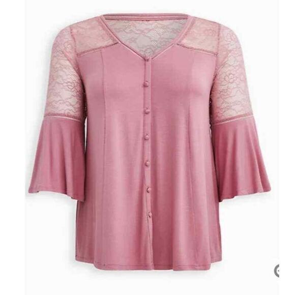 NEW TORRID Blouse Top Plus Size 2X Shirt Pink Lace Girly‎ Bell Sleeve - Picture 1 of 10